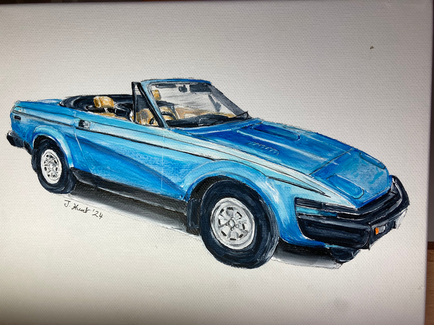 Triumph TR7 Convertible in Blue Original Acrylic Painting on Stretched Box Canvas
