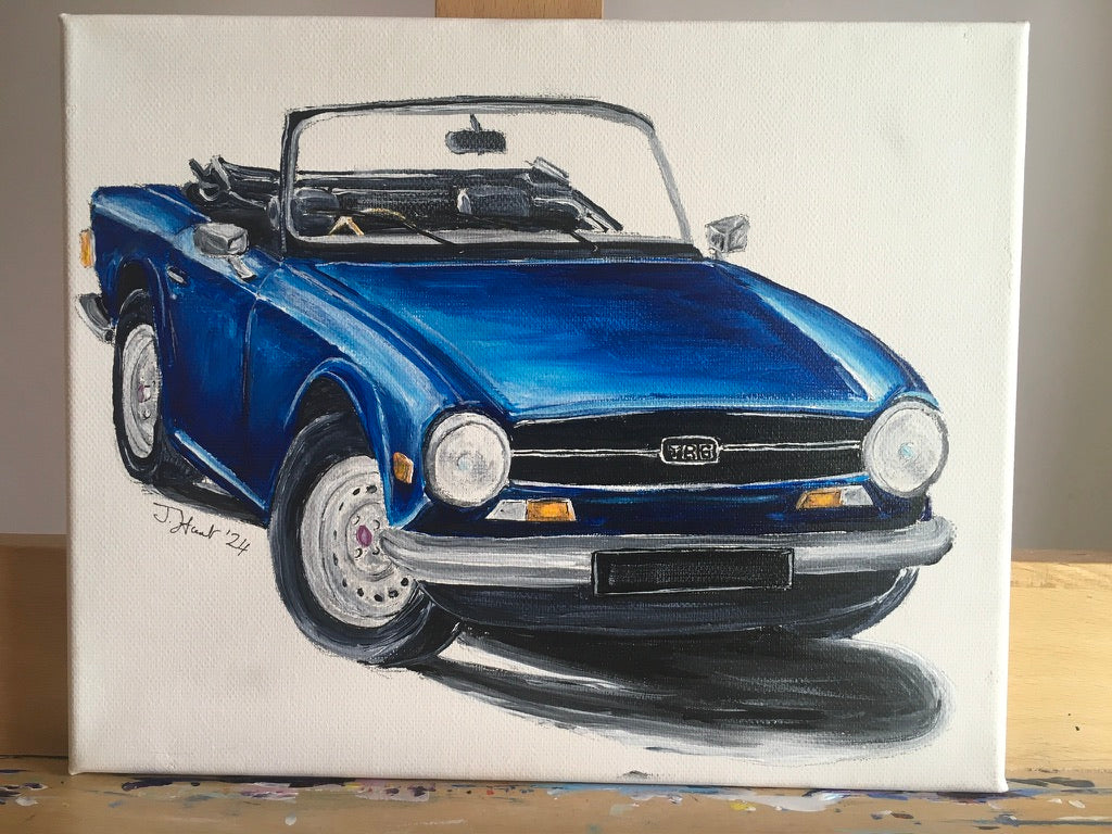 Dark Blue Triumph TR6 Convertible Original Acrylic Painting on Stretched Box Canvas