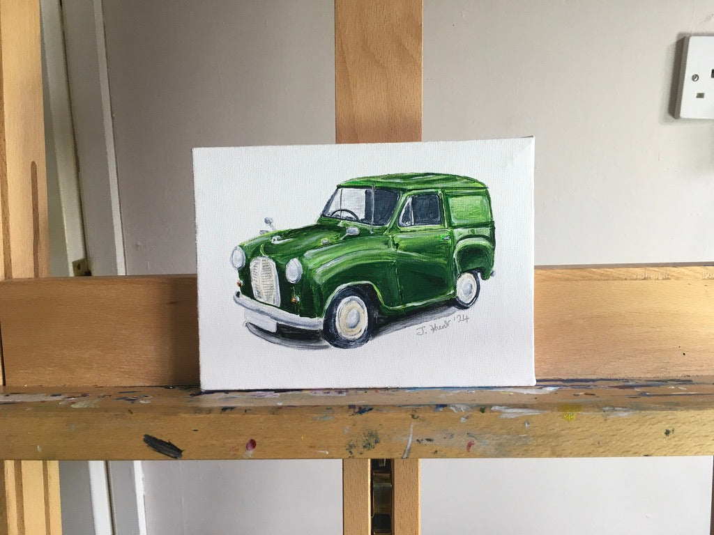 Classic Austin A30 Van in Green - acrylic painting on Stretched Box Canvas