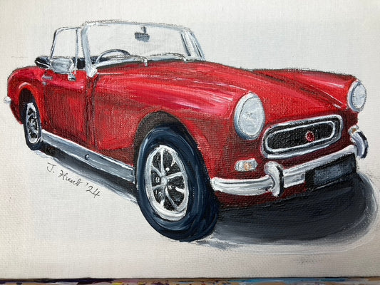 Classic MG Midget Red Convertible with Chrome Bumpers - Acrylic Painting on Stretched Box Canvas