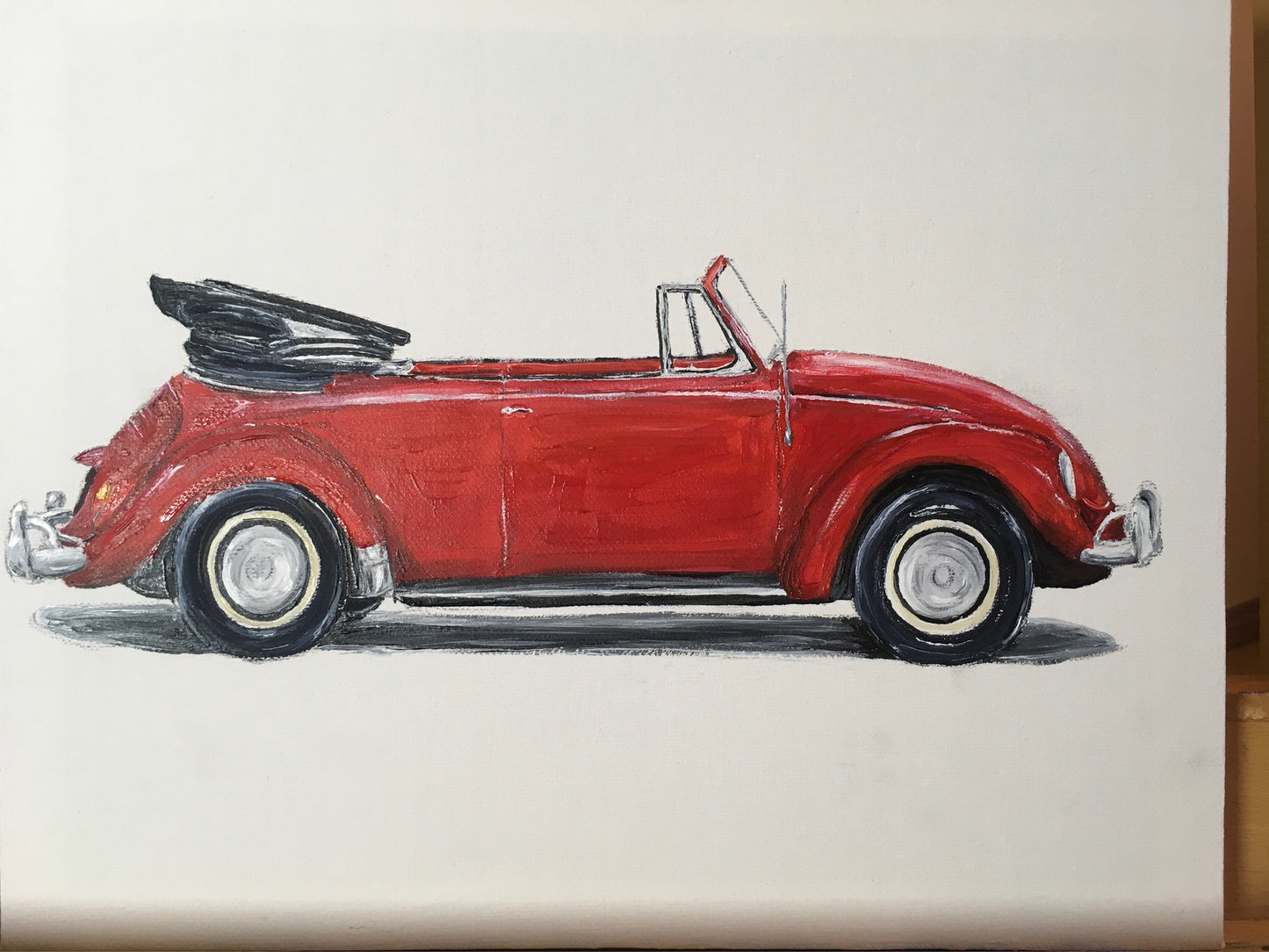 Classic Volkswagen Beetle Convertible in Red - original painting in acrylics on stretched Canvas