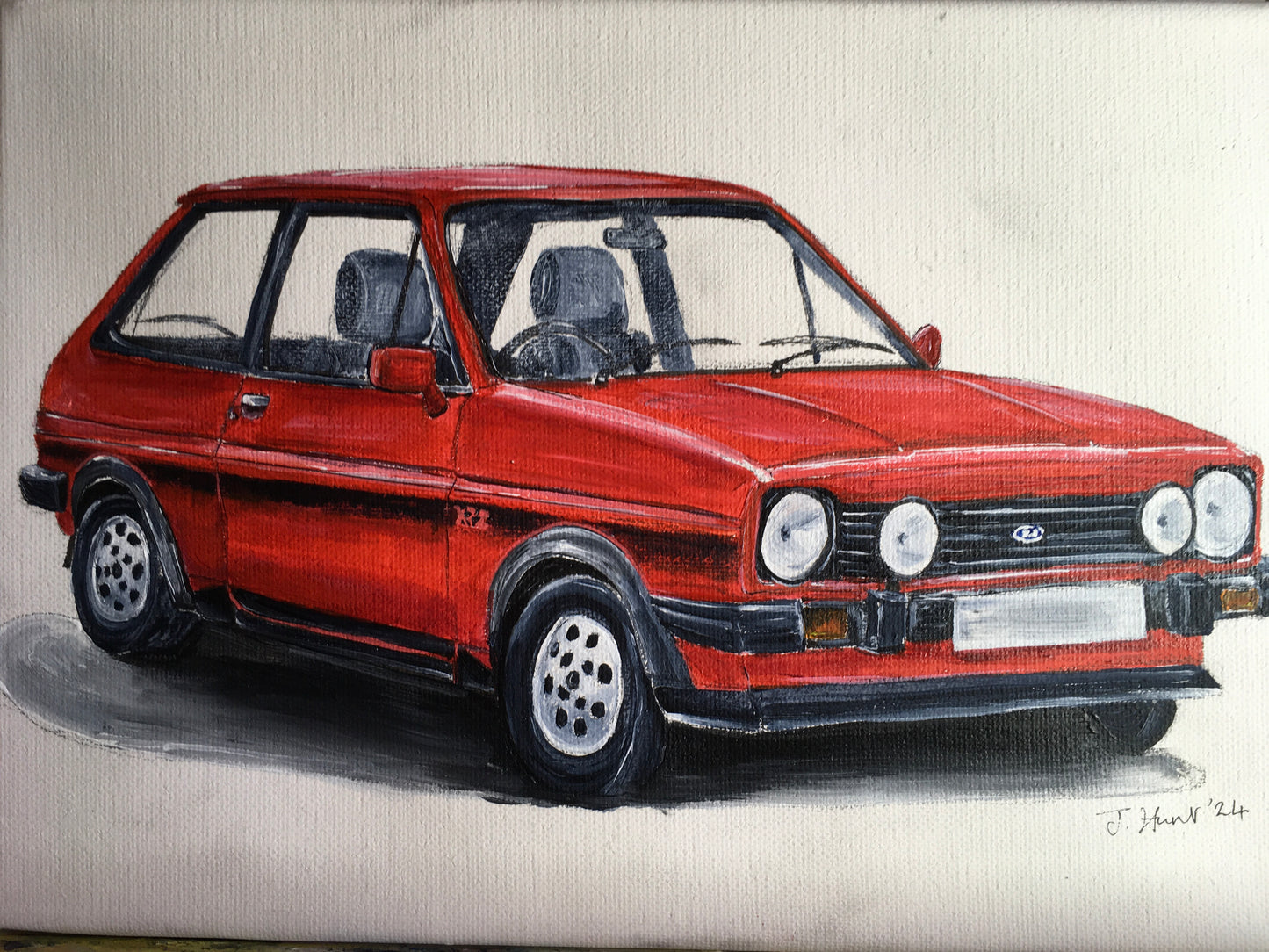 Classic Red Ford Fiesta XR2 1980s - Original Acrylic Painting on Stretched Box Canvas