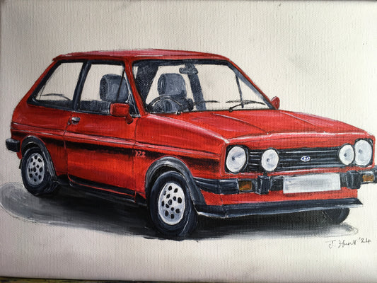 Classic Red Ford Fiesta XR2 1980s - Original Acrylic Painting on Stretched Box Canvas