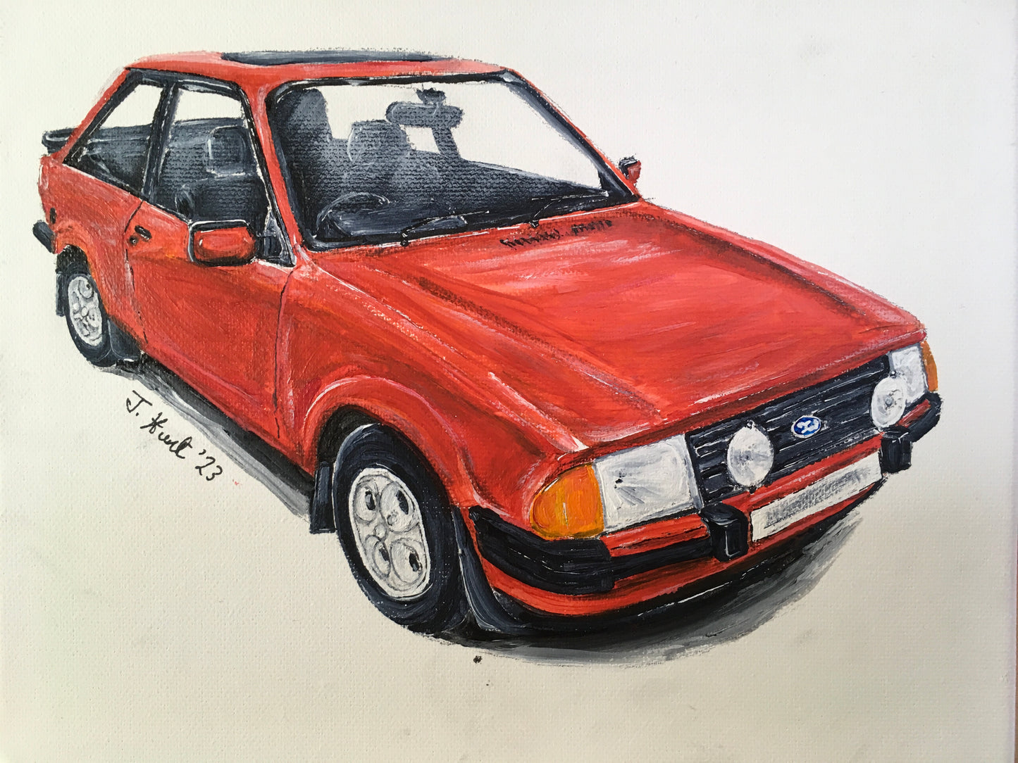 Classic Ford Escort Mark 3 XR3 in red on a stretched box canvas