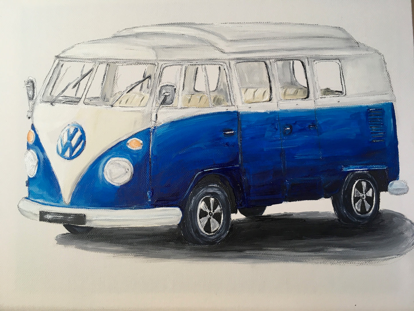 Classic Volkswagen Split Screen Microbus in White over Blue - original painting in acrylics on stretched Canvas