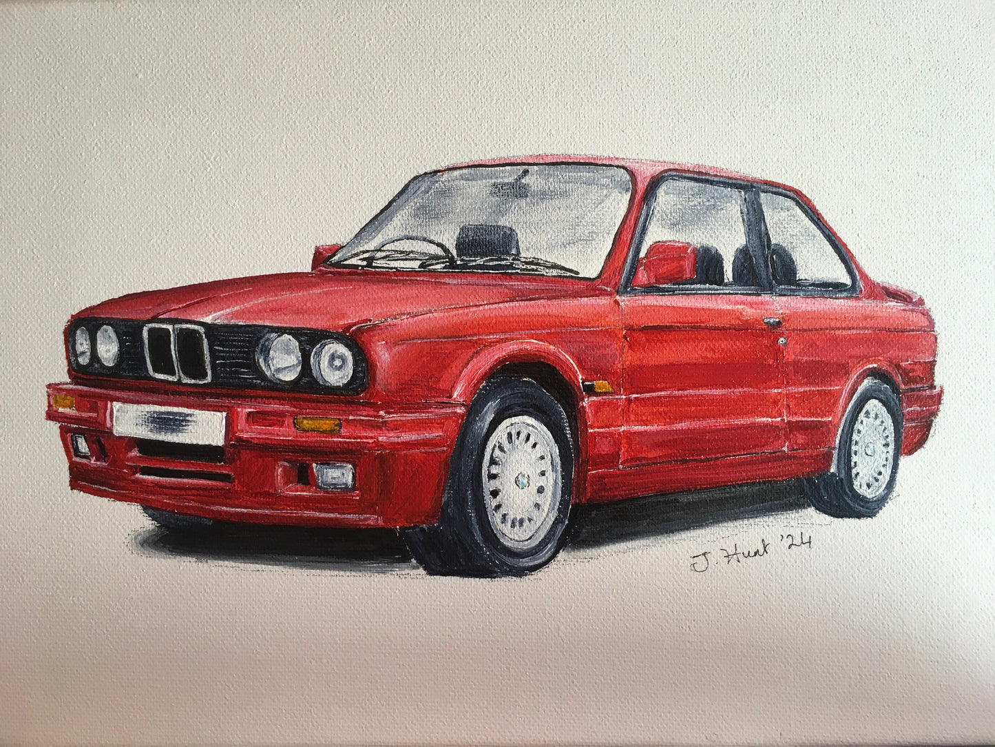 Classic Red BMW 325i E30 1980s - Original Acrylic Painting on Stretched Box Canvas