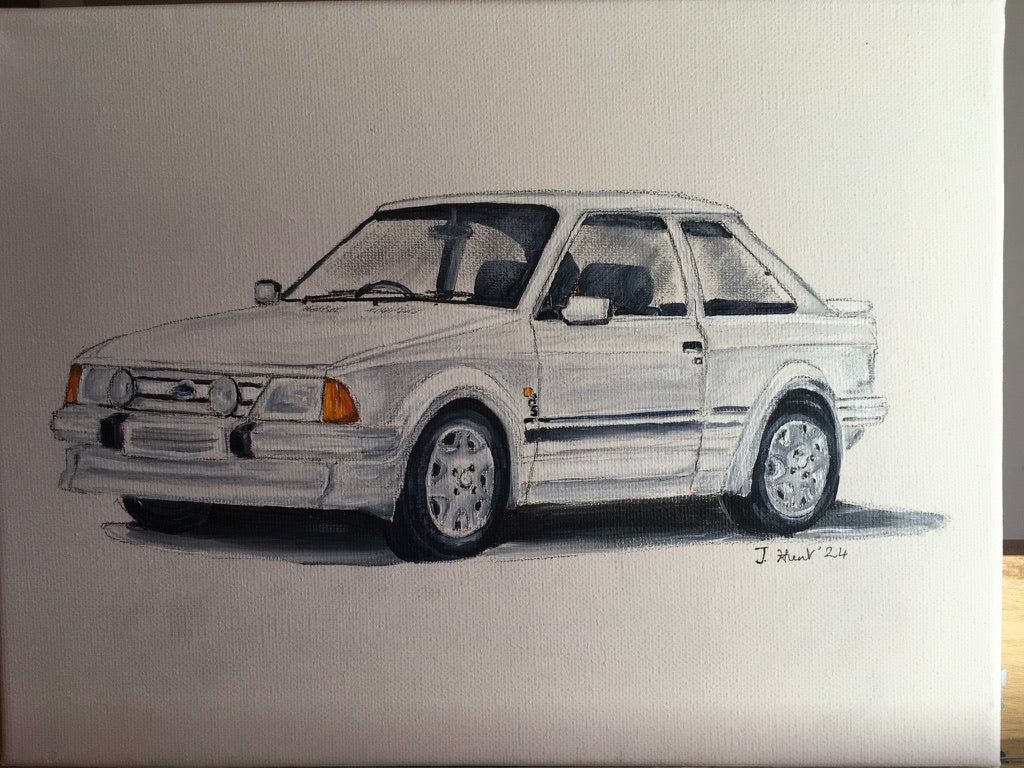 Classic Ford Escort RS Turbo White - Original Acrylic Painting on Stretched Box Canvas