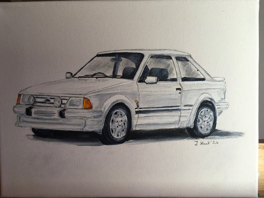 Classic Ford Escort RS Turbo White - Original Acrylic Painting on Stretched Box Canvas