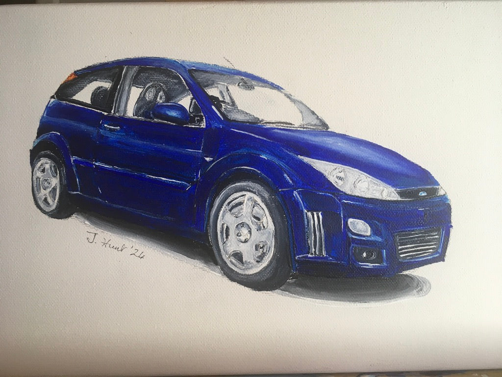 Classic Blue Ford Focus Mk 1 RS - original painting in acrylics on stretched Canvas