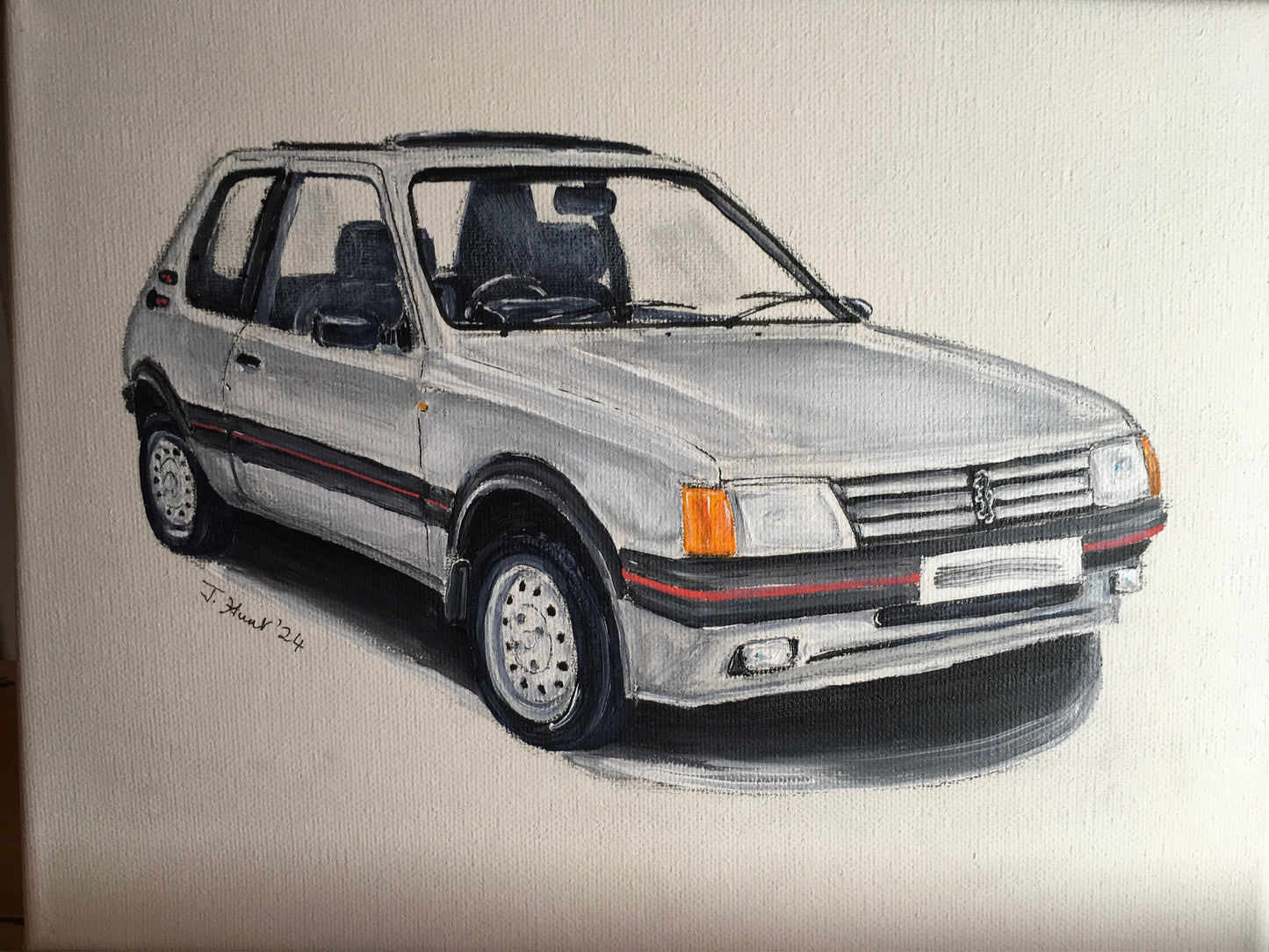 Classic Silver Peugeot 205 GTi (1.6) 1980s - Original Acrylic Painting on Stretched Box Canvas