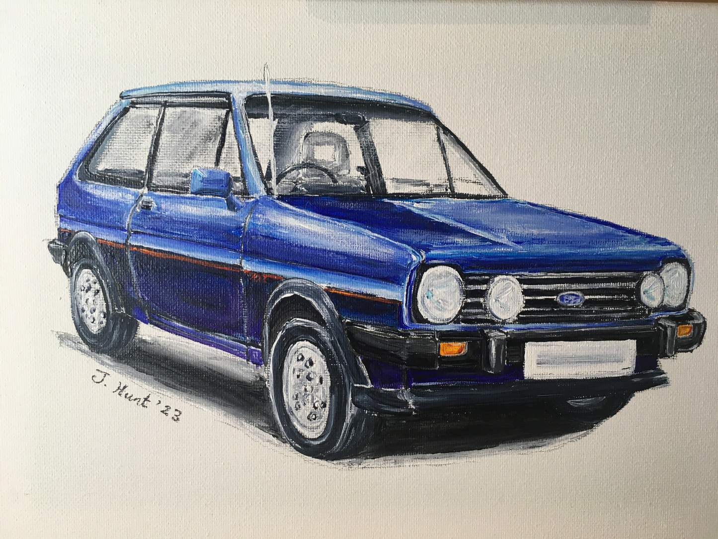 Classic Ford Fiesta XR2 (mark 1) in Blue - acrylic painting on stretched Canvas