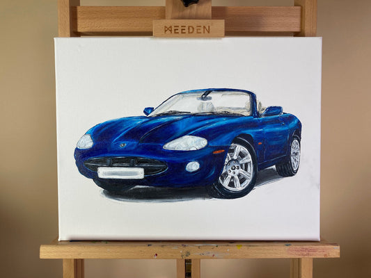 Jaguar XK8 Convertible in Blue painted in Acrylics on a Box Canvas