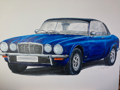 Classic Jaguar XJ-C coupe in Blue - Original Large Acrylic Painting